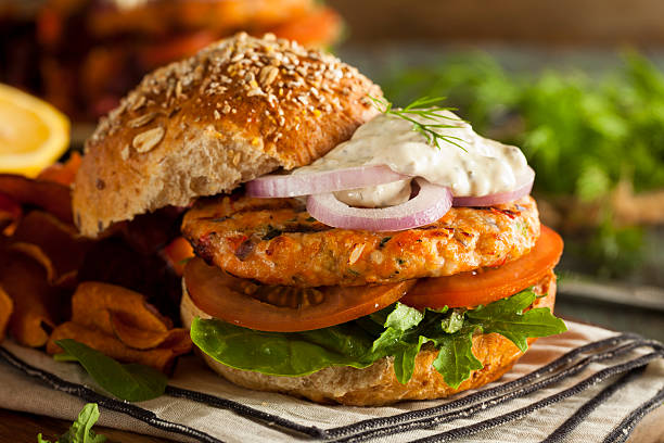 Homemade Organic Salmon Burger with Tartar Sauce